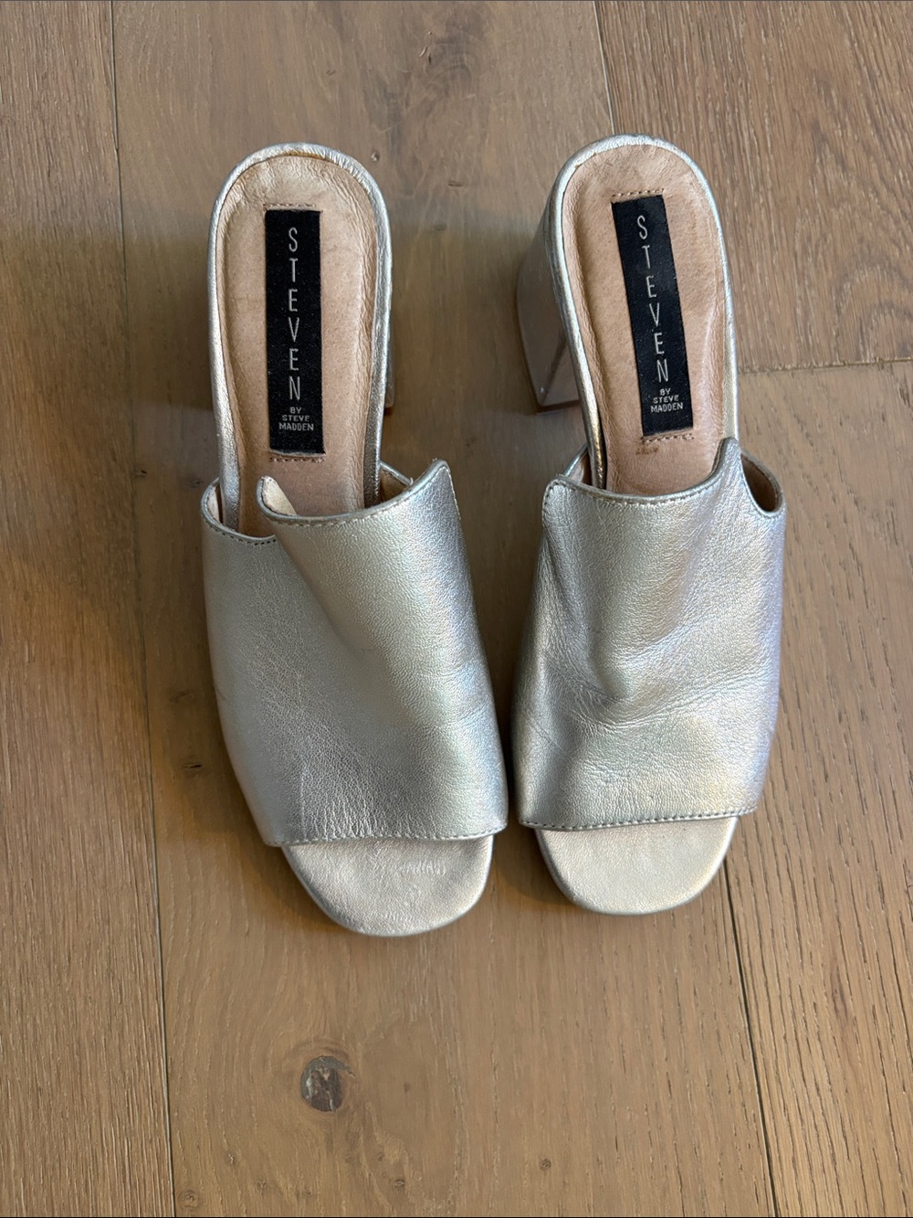 Steve Madden Silver Metallic Leather Open-Toe Mule Heels